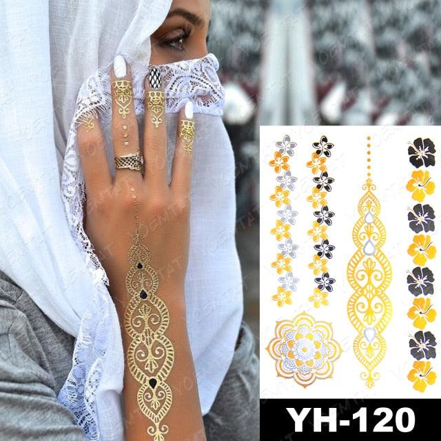 New Waterproof Temporary Tattoo Sticker Golden Silver Flower Jewelry Flash Fashion Different Design Tattoos For Womens