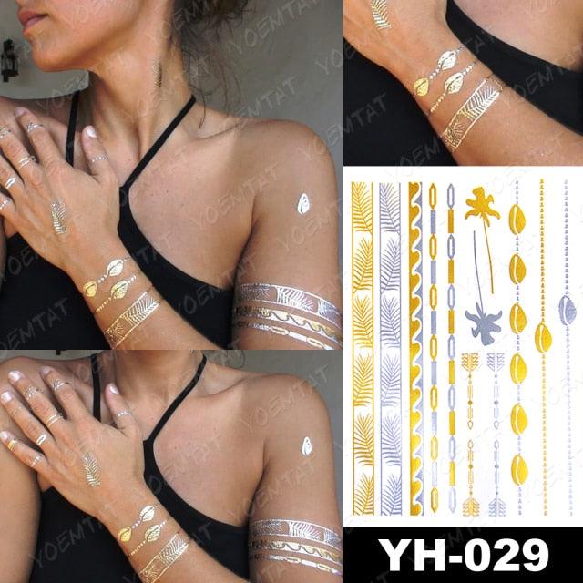 New Waterproof Temporary Tattoo Sticker Golden Silver Flower Jewelry Flash Fashion Different Design Tattoos For Womens