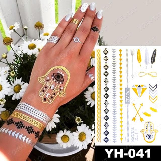 New Waterproof Temporary Tattoo Sticker Golden Silver Flower Jewelry Flash Fashion Different Design Tattoos For Womens