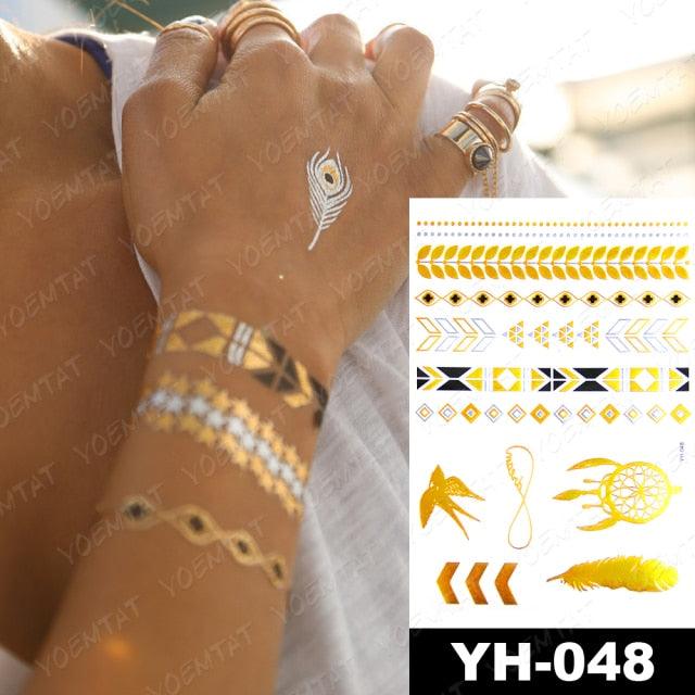 New Waterproof Temporary Tattoo Sticker Golden Silver Flower Jewelry Flash Fashion Different Design Tattoos For Womens