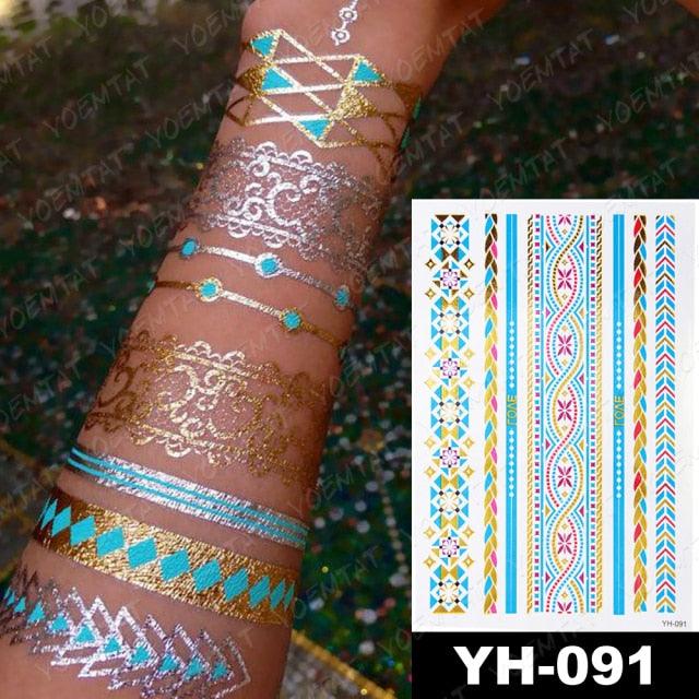 New Waterproof Temporary Tattoo Sticker Golden Silver Flower Jewelry Flash Fashion Different Design Tattoos For Womens