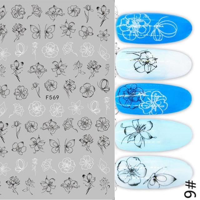 Spring Abtract Stripe Lines Flower Leaves 3D Nail Sticker Black White Butterfly Transfer Decals Slider Nail Art Decoration Decals Sticker For Pretty Girl Self-Adhesive Nail Decals Designer Nail Stickers for Acrylic Nail Art Decals Water Transfer Nail
