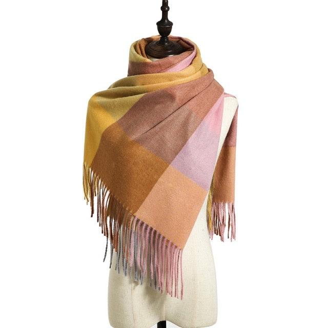 Luxury Fashion Autumn Winter Soft Warm Scarf Plaid Colorful Hijabs Cashmere Scarves Warm Soft Bandana Women's Lightweight Scarves Elegant Echarpe  Escharpe Soft Wool Elegant Tassel For Women