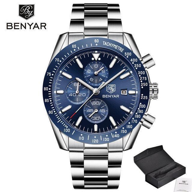 New Men Silver Blue Watch Business Analog Chronogragh Full Steel Luxury Casual Male Waterproof Sports Design Watches