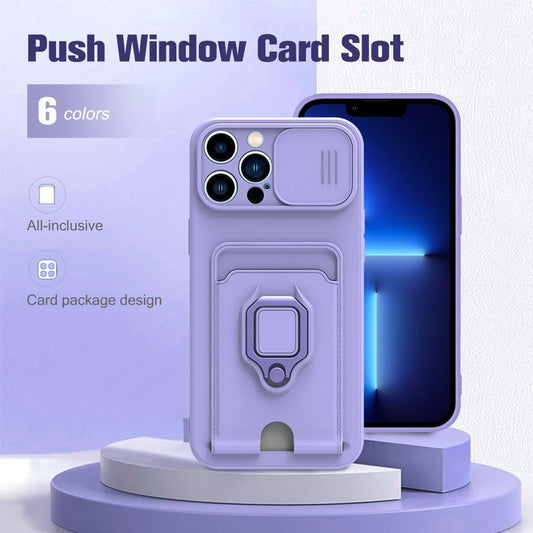 Purple Silicone Slide Camera Protector Case For iPhone 14 11 12 13 Pro Max X XR XS Magnetic Ring Card Holder Cover Heavy Duty Multifunctional Shockproof Magnetic Cover Case & Holder