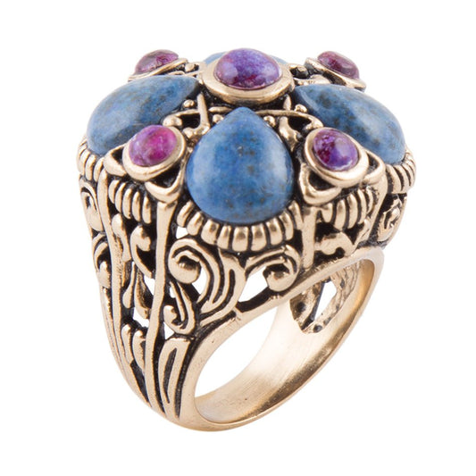 Bague Déclaration Dorée Turquoise Violette et Lapis Bleu