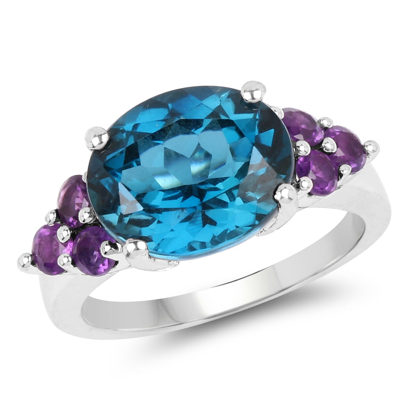 Bague en argent sterling 925 avec topaze bleue de Londres véritable de 6,60 carats et améthyste