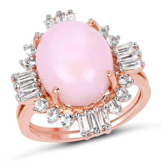14K Rosévergoldeter 6,42 Karat Echter Rosa Opal und Weißer Topas .925 Sterling Silber Ring