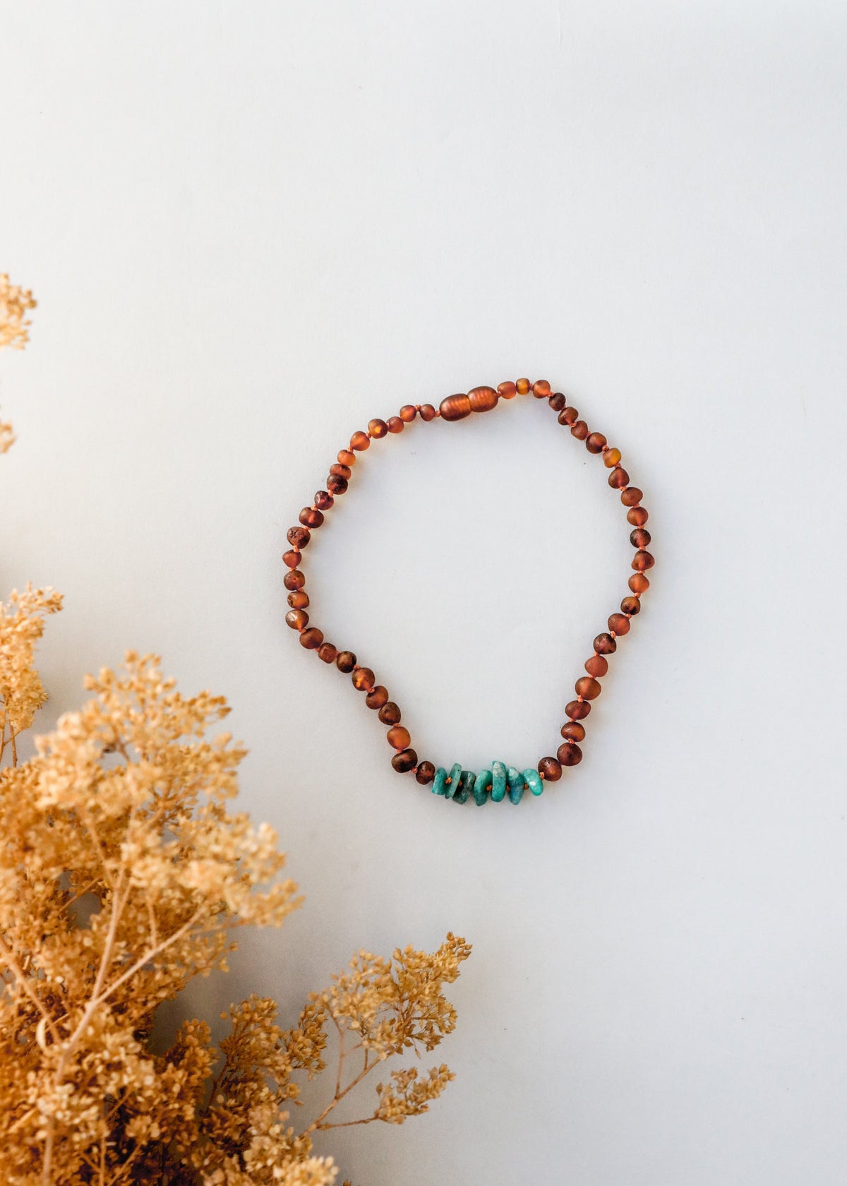 Ambre de la Baltique brut Cognac + Amazonite brute || Collier