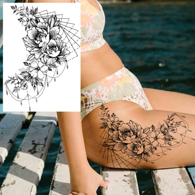 Realistic Big Flower Temporary Waterproof Sticker Tattoos For Body Painting Arm Legs Fake Black Rose Tattoos For Womens