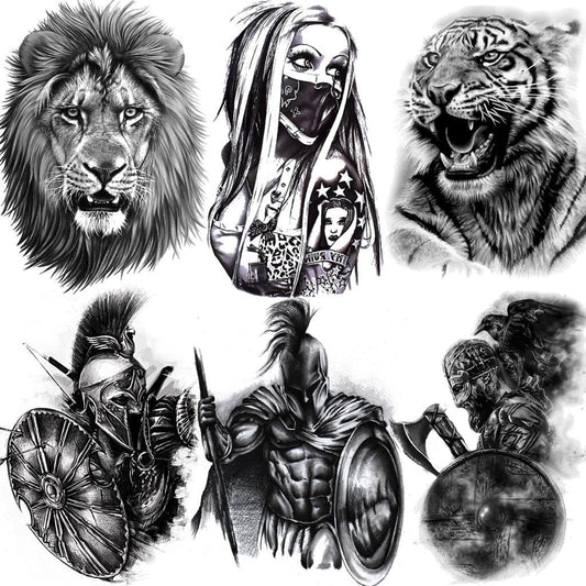 Realistic Lion Temporary Tattoo Black Warrior Sticker Waterproof Luxury Tattoo For Men Women