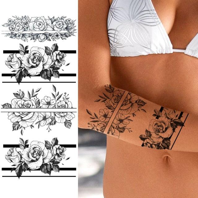 Realistic Sketches Black Flowers Temporary Waterproof Flower Tattoos Modern Body Arm Drawing For Womens