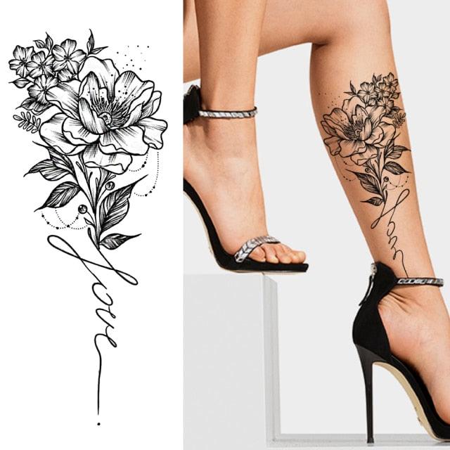 Realistic Sketches Black Flowers Temporary Waterproof Flower Tattoos Modern Body Arm Drawing For Womens