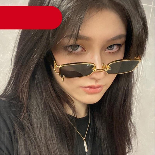 Rectangle Sunglasses Women Trendy Design UV Protection Small Sun Glasses Small Size Rectangle New Punk Style Sunglasses For Women  Design New Stylish Vintage Metal Ring With  Decoration Sunglasses In Decent Shades For Men & Women