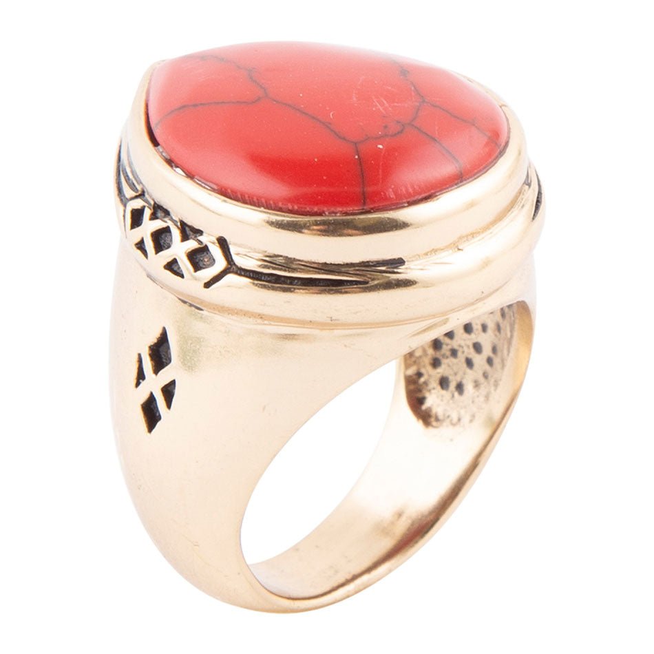 Bague Gouttelette Dorée en Howlite Rouge