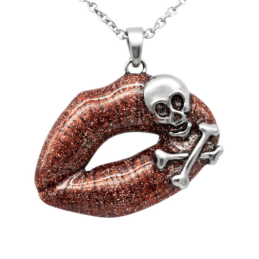 Red Lips Skull Pendant Necklace, Gothic Stainless Steel