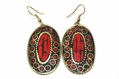 Boucles d'oreilles pendantes ovales turquoise mosaïque dorées style bohème