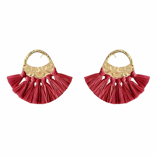 Red Raffia Fan Earrings Lightweight Boho Fringe Dangle Brass Hooks