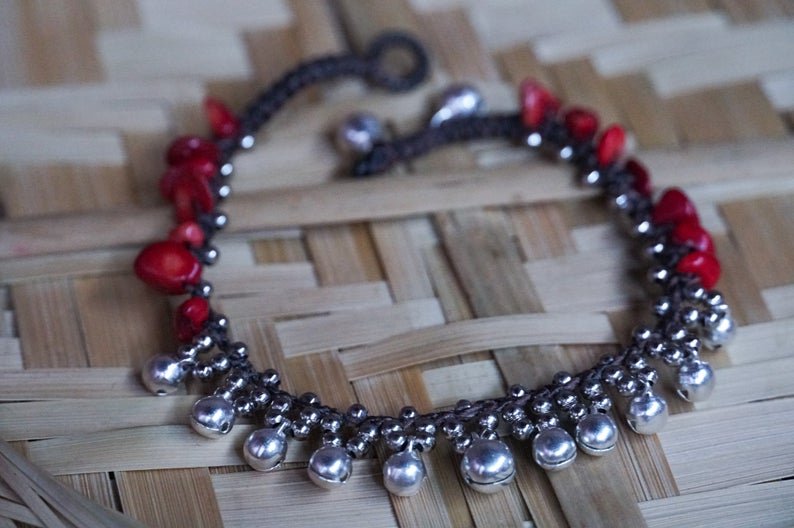 Roter Stein Silberglocke Boho Fußkette Verstellbare Kette Damen