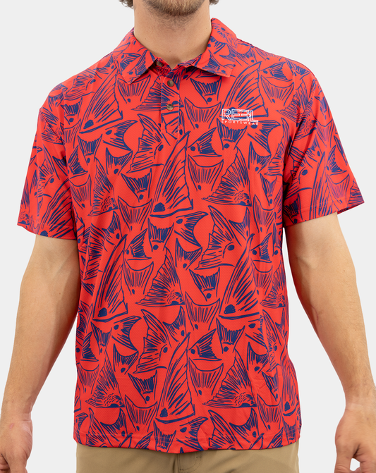 Rotflossenbarsch, Weiß, Blaues Poloshirt