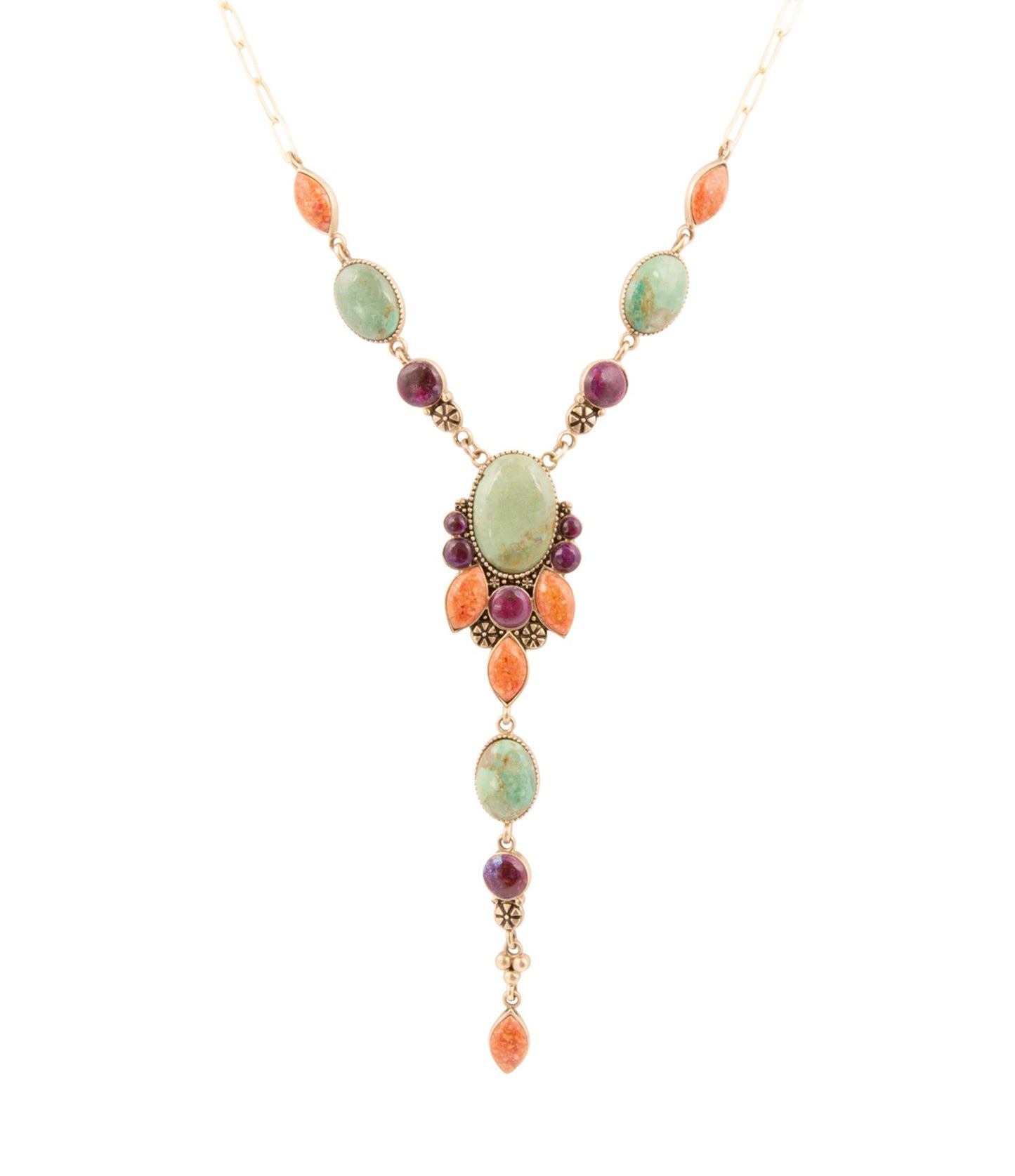 Regalia Blau Türkis Violett und Orange Koralle Goldene Y-Halskette