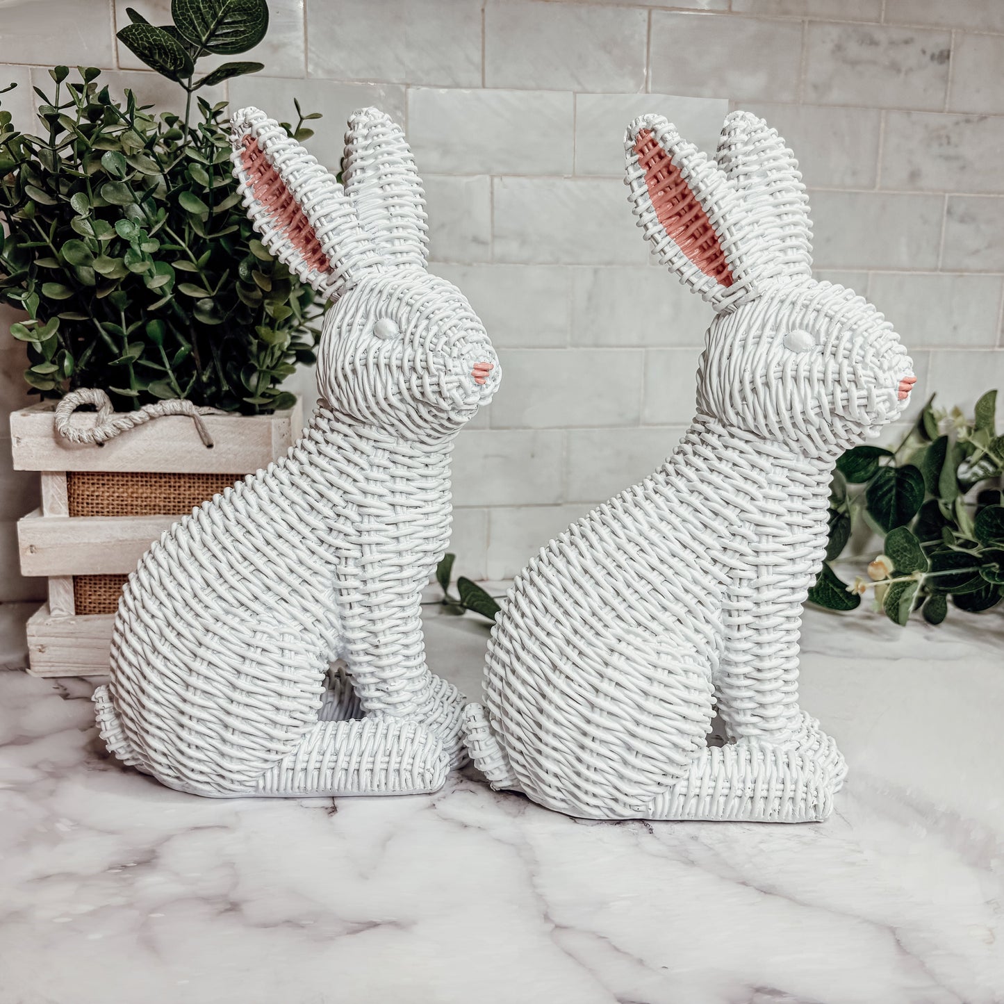 Resin Basket Weave Bunny Figurine Rattan Style Easter Decor 3 Color Options