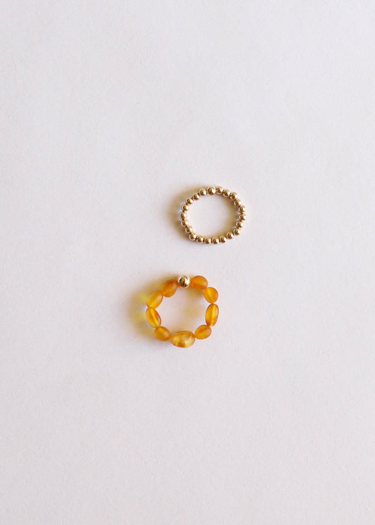 Natural Turquoise + 14k Gold Filled + Honey Amber || Ring Set Trio ||