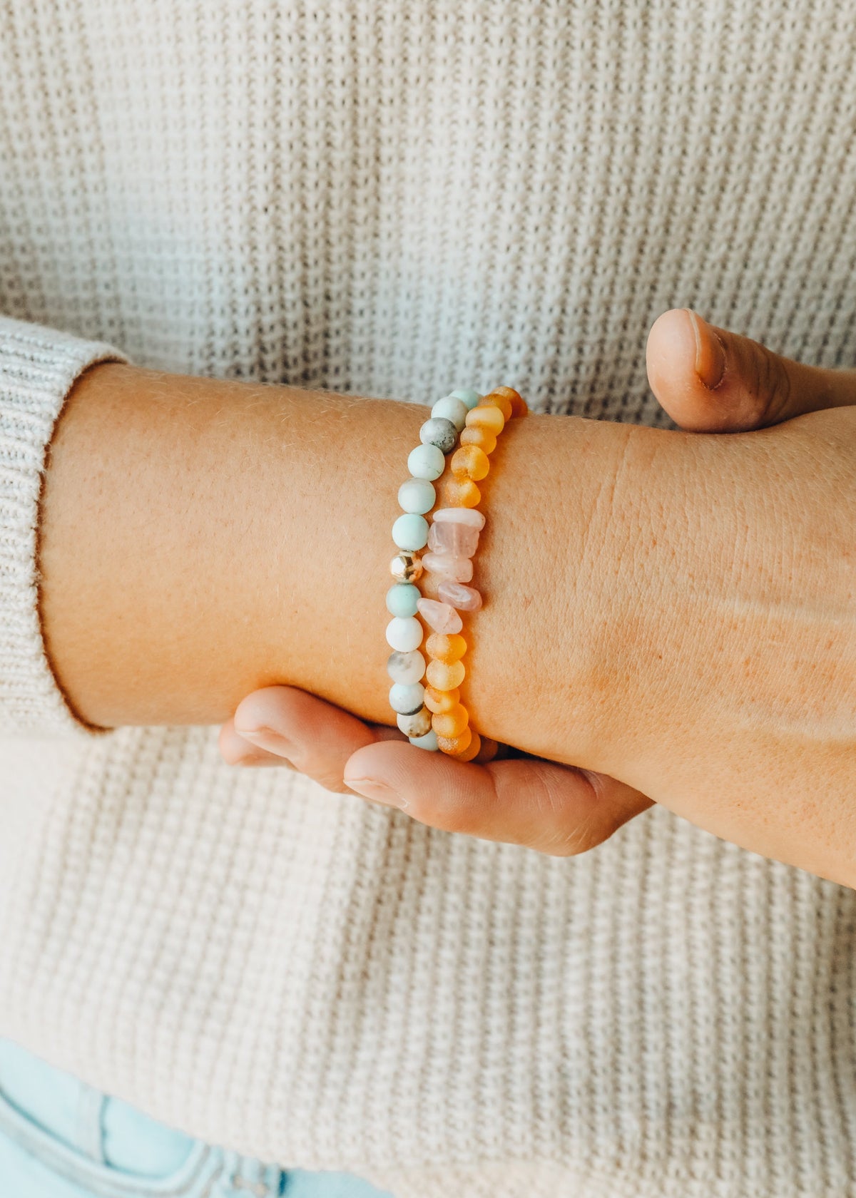 Miel Brut Ambre de la Baltique + Quartz Rose Brut || Bracelet Adulte