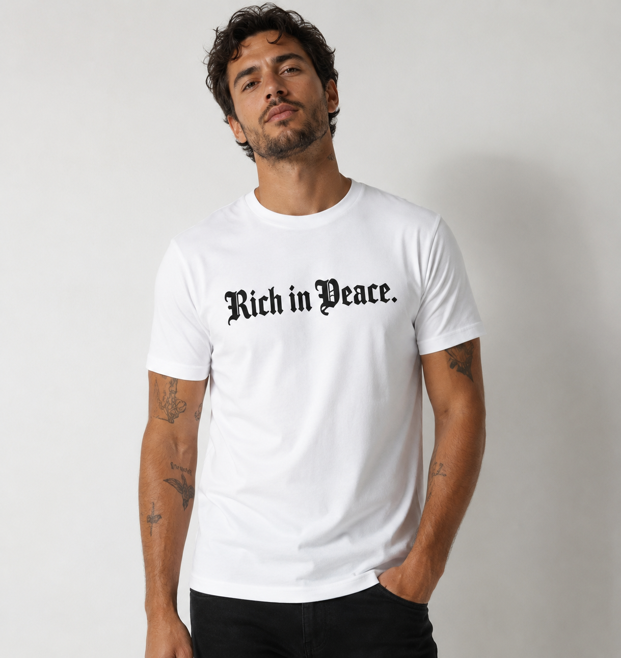 Rich in Peace Organic Tee (White with Navy print)