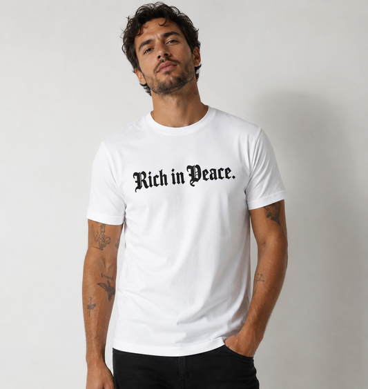 Rich in Peace Organic Tee (White with Navy print)