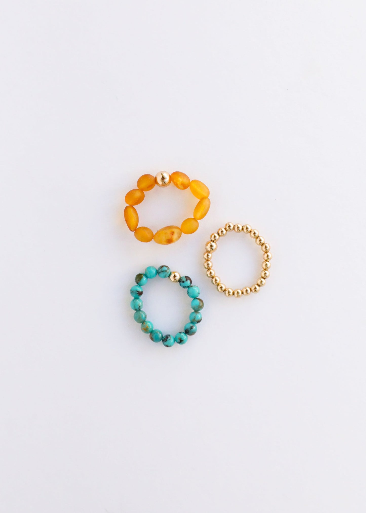 Turquoise Naturelle + Or Rempli 14K + Ambre Miel || Trio de Bagues ||