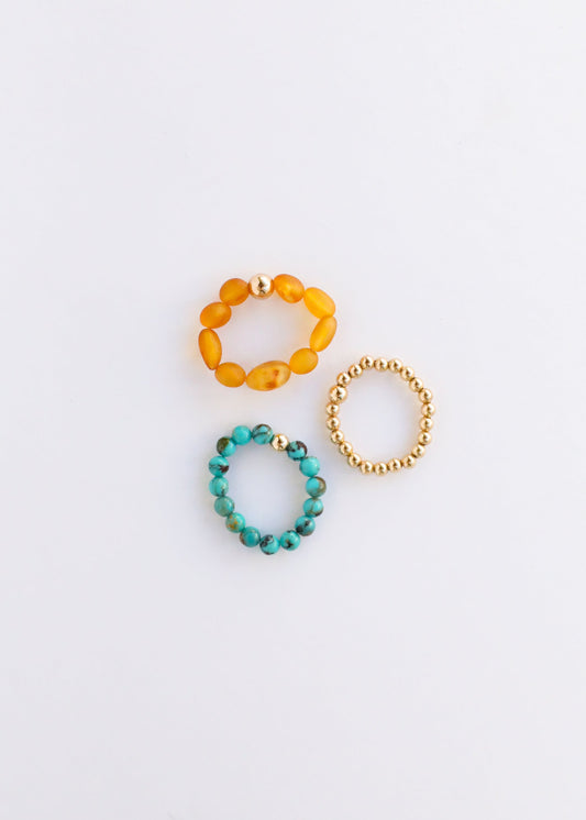 Turquoise Naturelle + Or Rempli 14K + Ambre Miel || Trio de Bagues ||