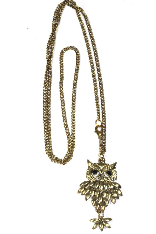 Long Collier Pendentif Hibou Levant Doré Vintage Bohème