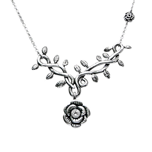 Rose Vine White CZ Pendant Necklace – Silver Tone