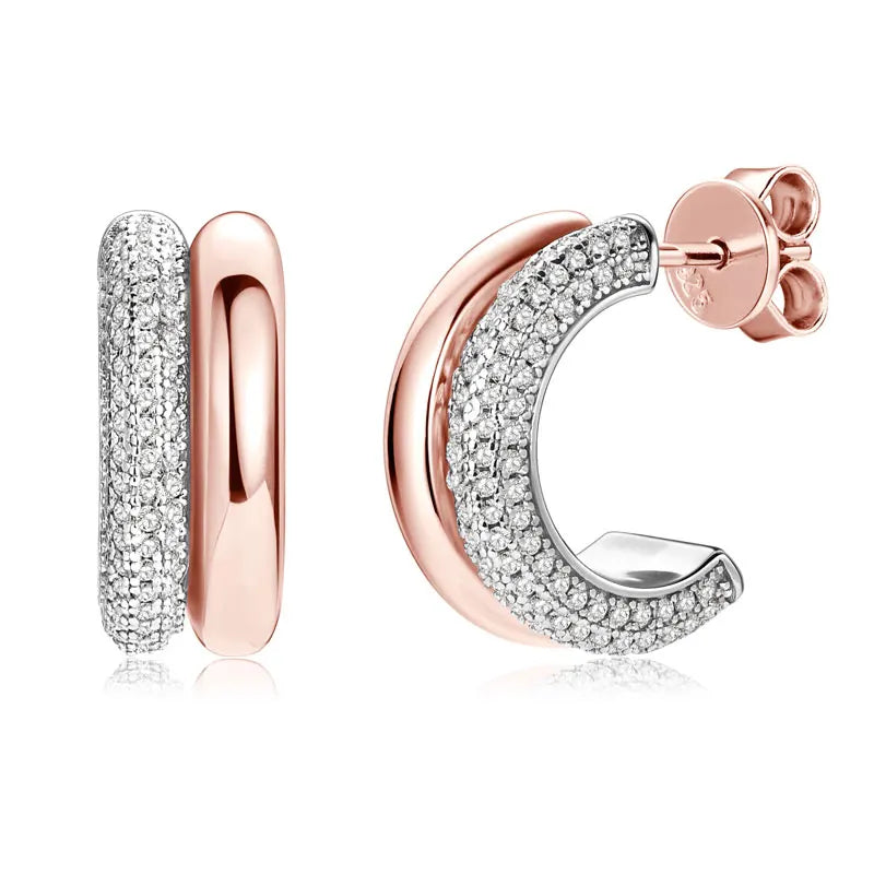 Round Cut Moissanite C-Shaped Stud Earrings 925 Sterling Silver For Women