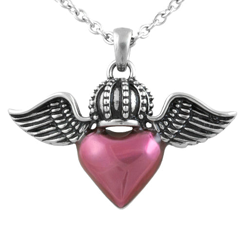 Königliche rosa Herz-Halskette mit Flügelkronen-Anhänger, Silber