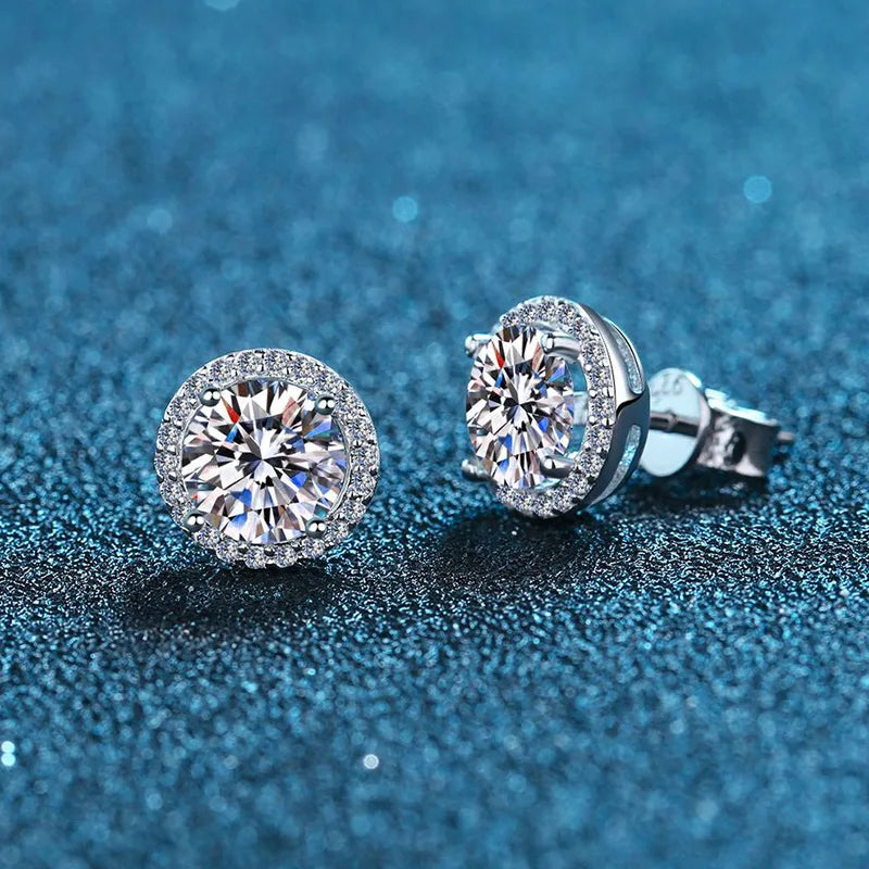 S925 Sterling Silver 2ct Round Moissanite Stud Earrings 50pt Bridal Gift