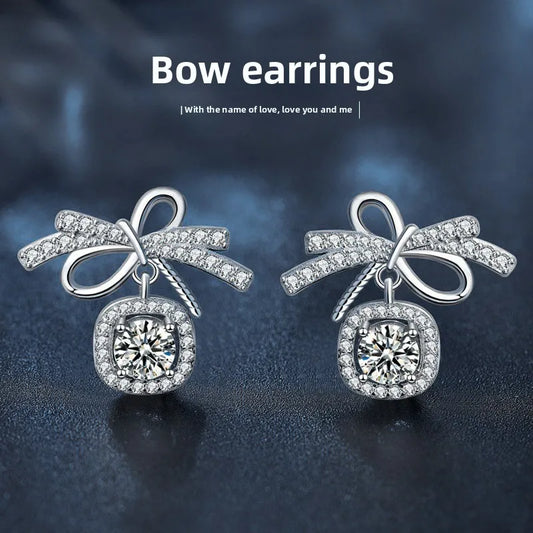Boucles d'oreilles clous en argent sterling S925 et moissanite 0.5ct×2, pendantes avec nœud et franges pour femme