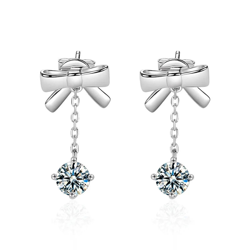 S925 Sterling Silver Moissanite Stud Earrings 0.5ct×2 Bow Fringe Dangle Women