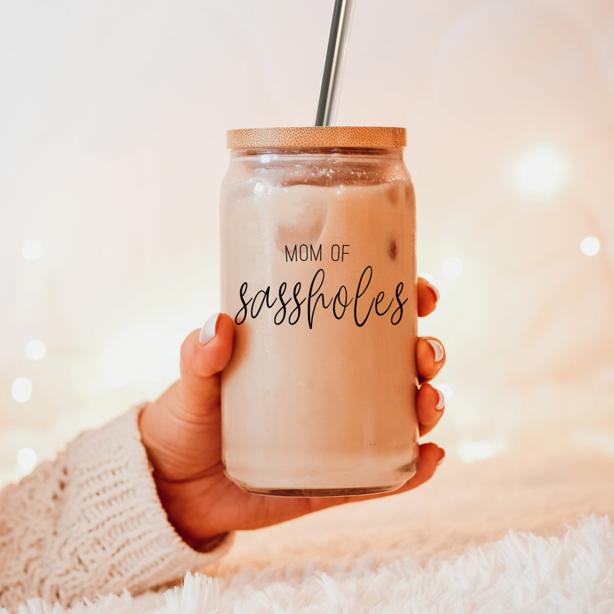 Funny Mom 17oz Glass Tumbler With Bamboo Lid, 2 Stainless Straws and Cleaner