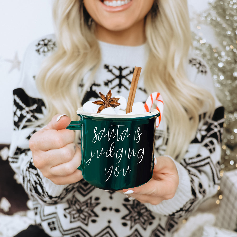 Nikolaus richtet Tasse 430ml Keramik-Kaffeetasse im Lagerfeuer-Stil Weihnachtsbecher Rot oder Grün doppelseitig