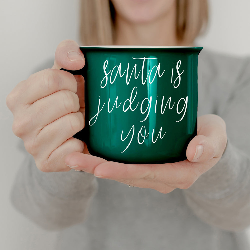 Santa Is Judging Mug 14.5oz Ceramic Campfire Style Holiday Coffee Mug Red Or Green Double Sided