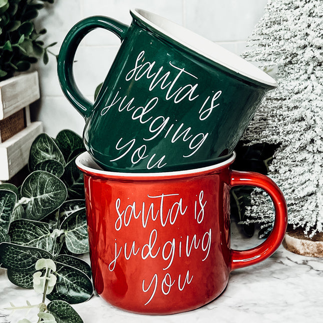 Nikolaus richtet Tasse 430ml Keramik-Kaffeetasse im Lagerfeuer-Stil Weihnachtsbecher Rot oder Grün doppelseitig