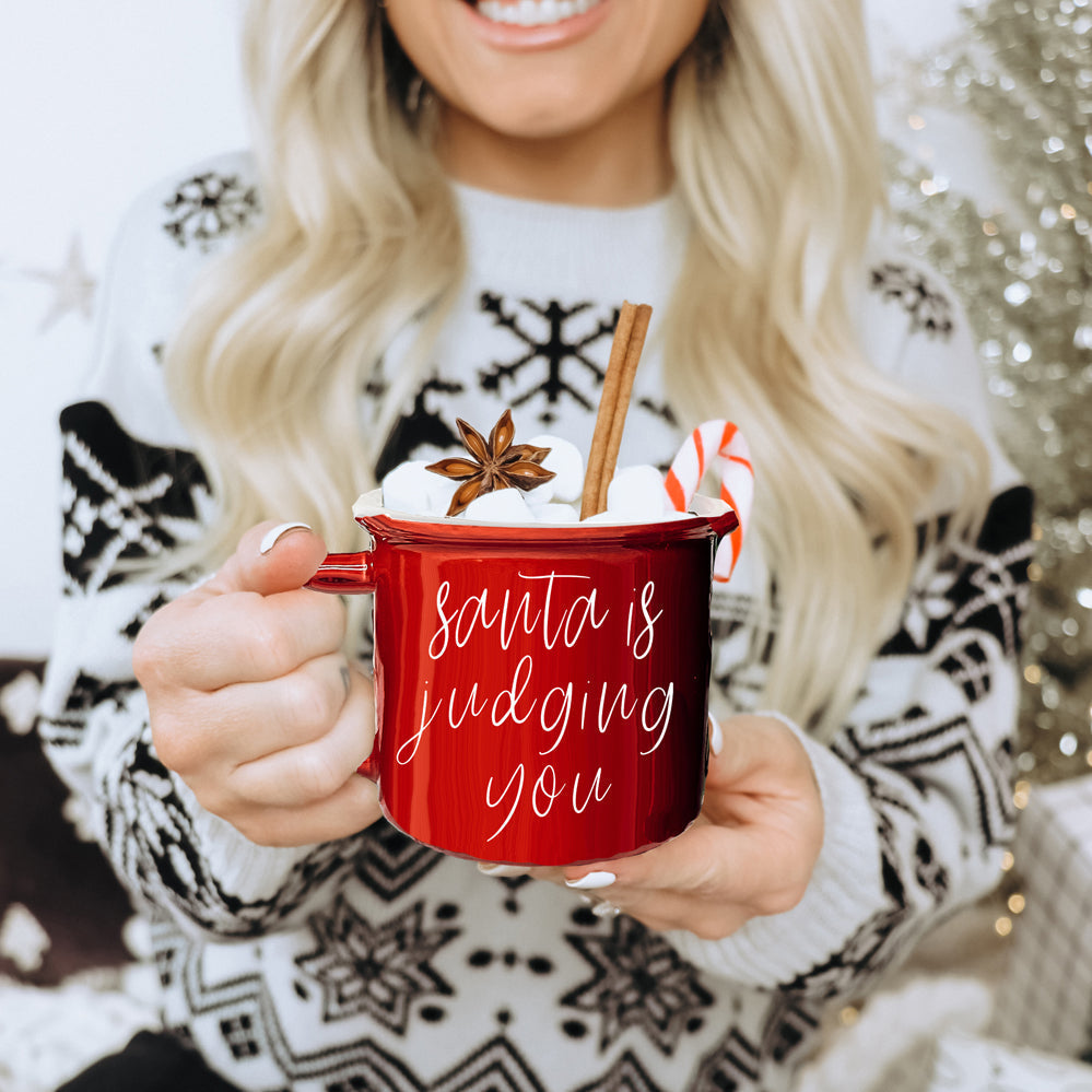 Nikolaus richtet Tasse 430ml Keramik-Kaffeetasse im Lagerfeuer-Stil Weihnachtsbecher Rot oder Grün doppelseitig