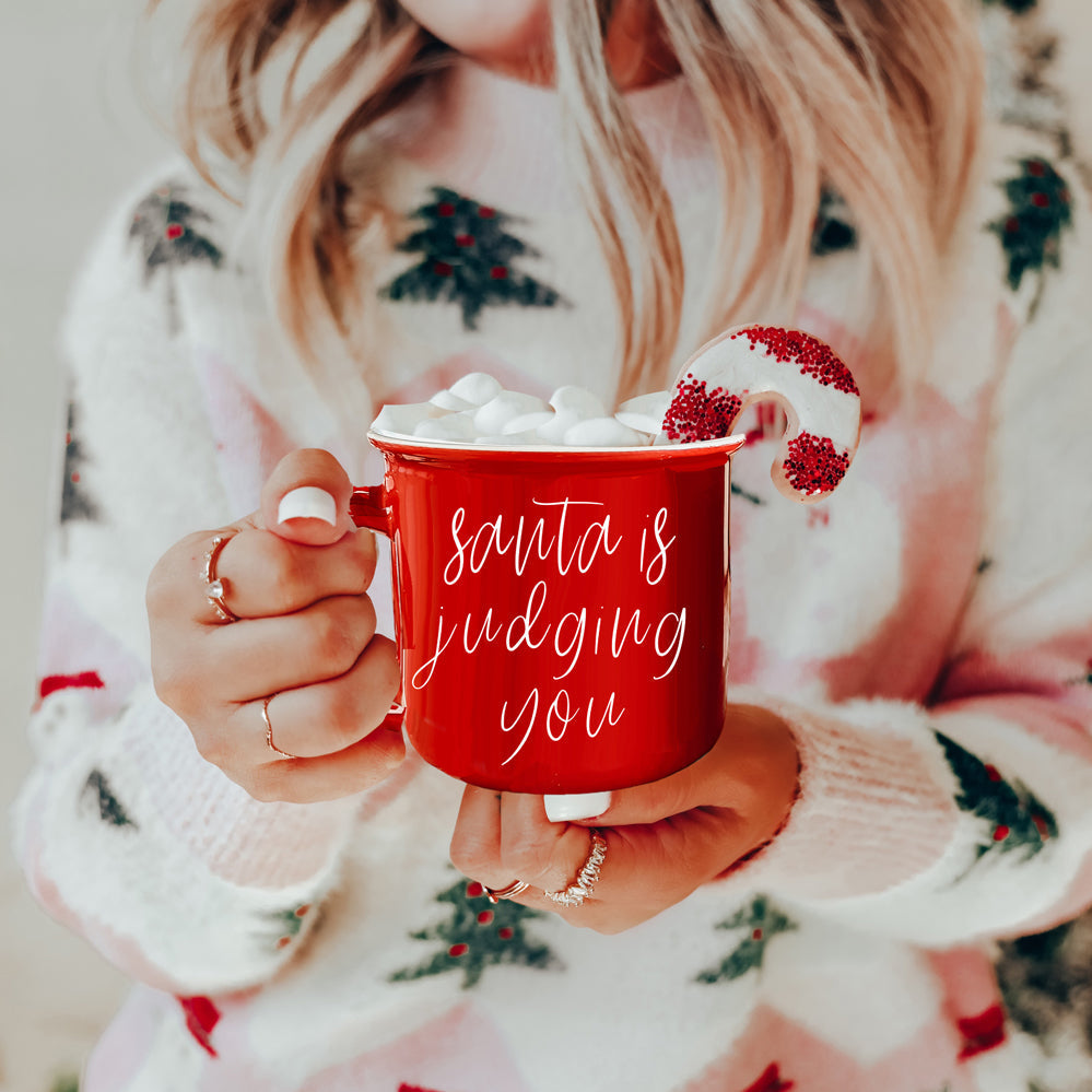 Nikolaus richtet Tasse 430ml Keramik-Kaffeetasse im Lagerfeuer-Stil Weihnachtsbecher Rot oder Grün doppelseitig