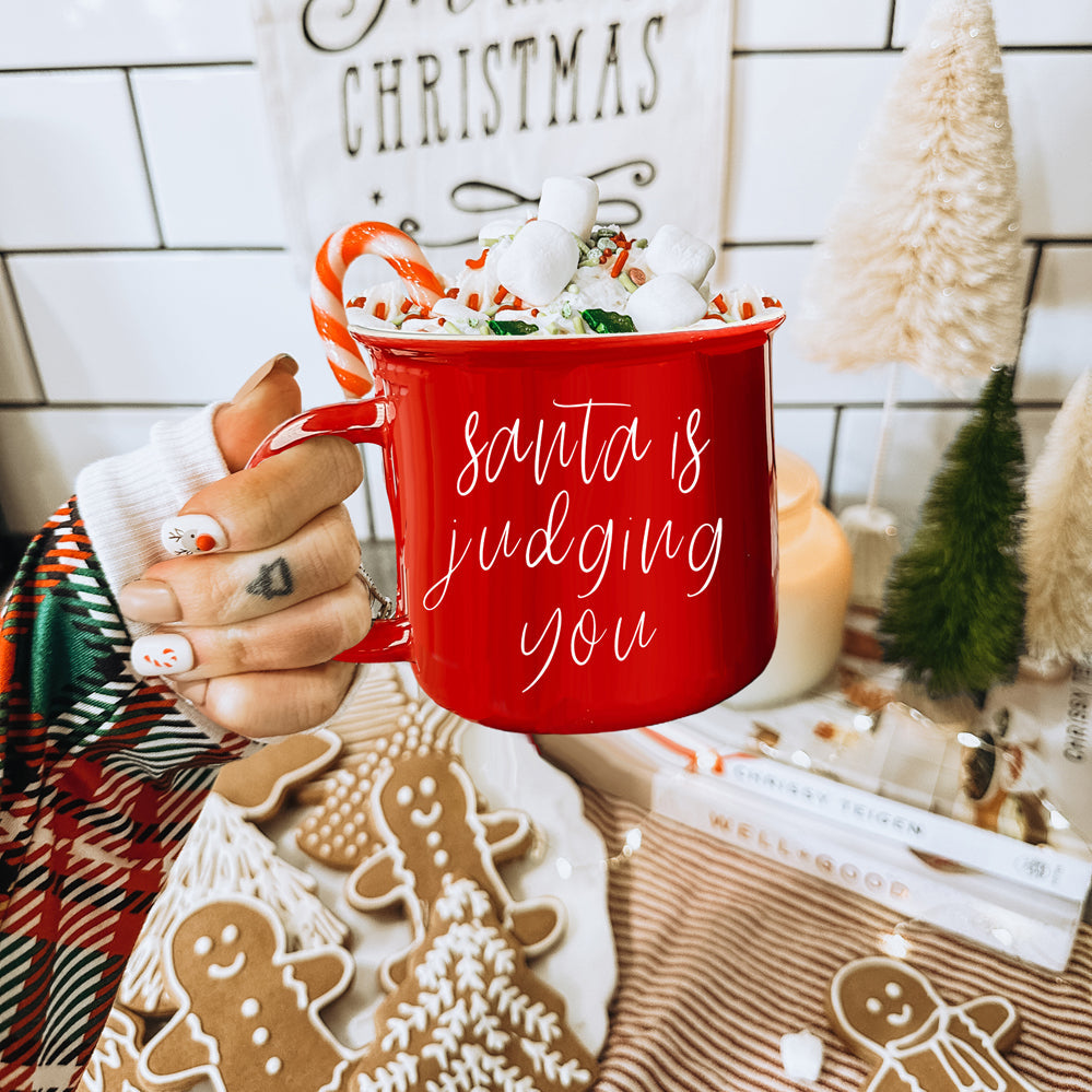 Nikolaus richtet Tasse 430ml Keramik-Kaffeetasse im Lagerfeuer-Stil Weihnachtsbecher Rot oder Grün doppelseitig