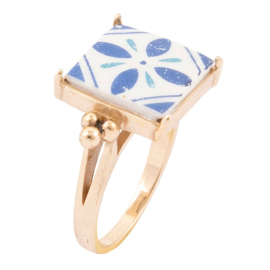 Santorini Blau und Weiß Fliese Gold Statement Ring