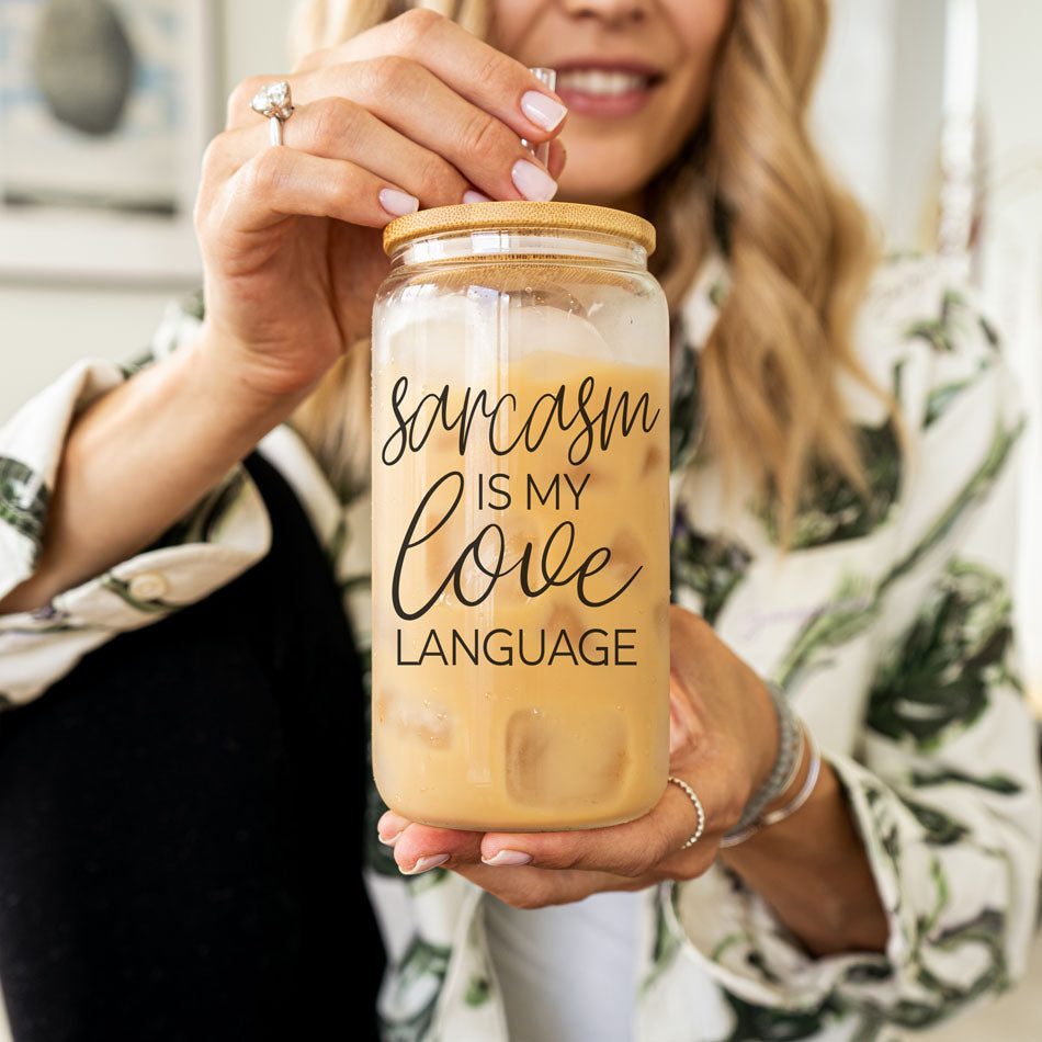 Gobelet en verre de 20 oz « Le sarcasme est mon langage amoureux » avec couvercle en bambou