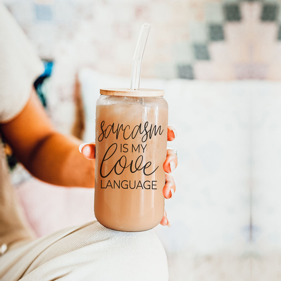 Gobelet en verre de 20 oz « Le sarcasme est mon langage amoureux » avec couvercle en bambou