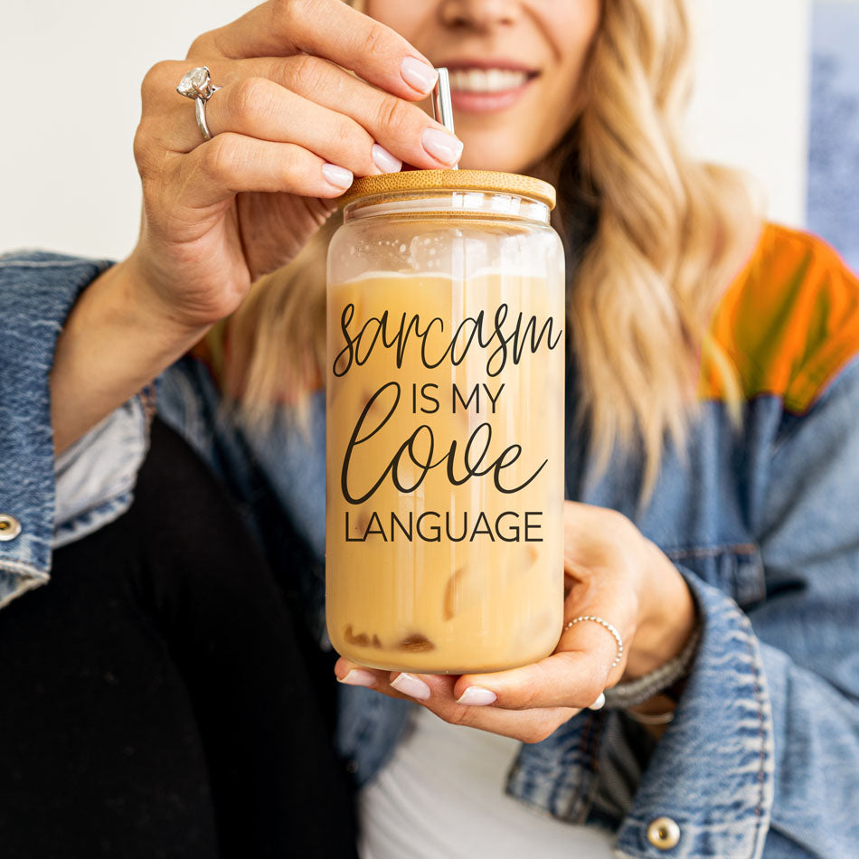 Gobelet en verre de 20 oz « Le sarcasme est mon langage amoureux » avec couvercle en bambou